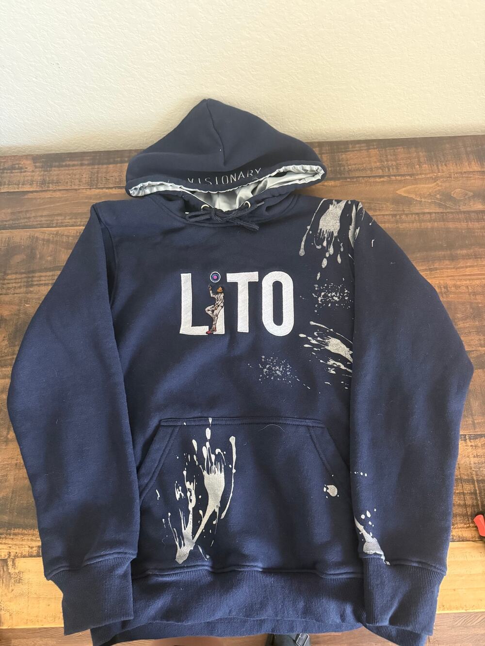 Visionary LITO Graphic Hoodie Small Navy Embroidered Paint Splatter Streetwear